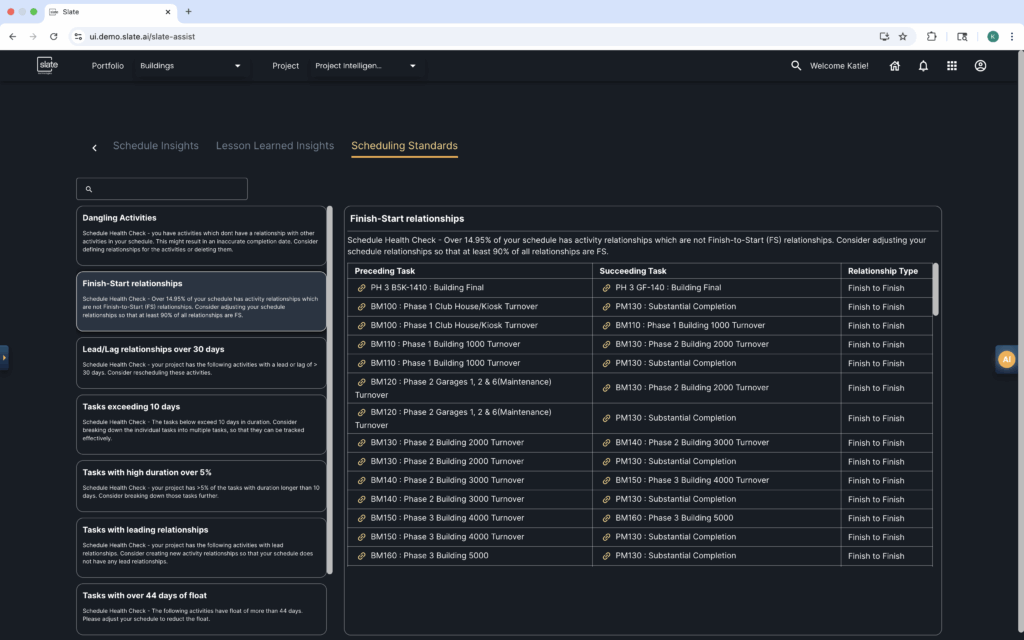 Scheduling Standards Insights: AI powered construction insights