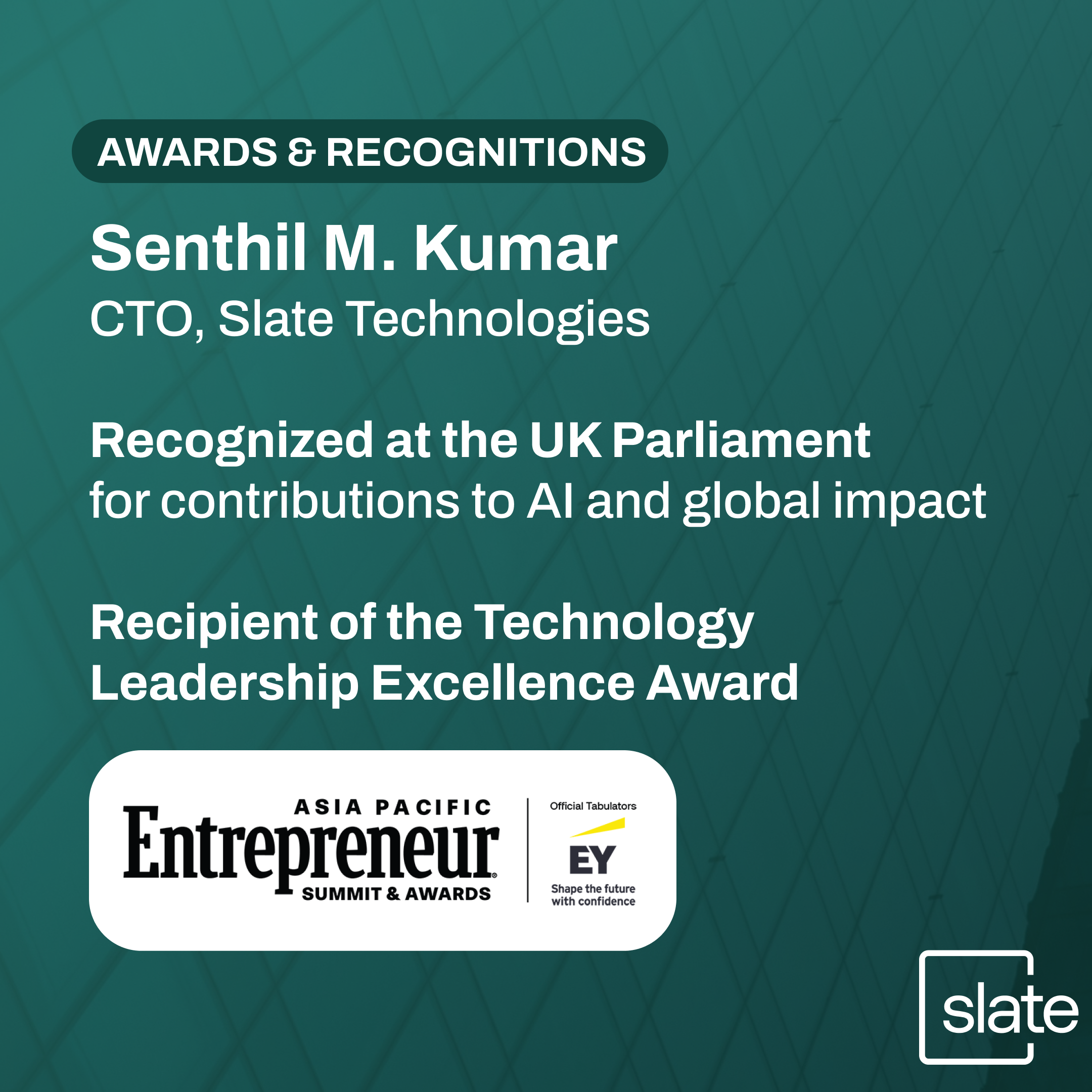 Awards and Recognitions Senthil M. Kumar recognized by UK Parliament and Asia Pacific Entrepreneur